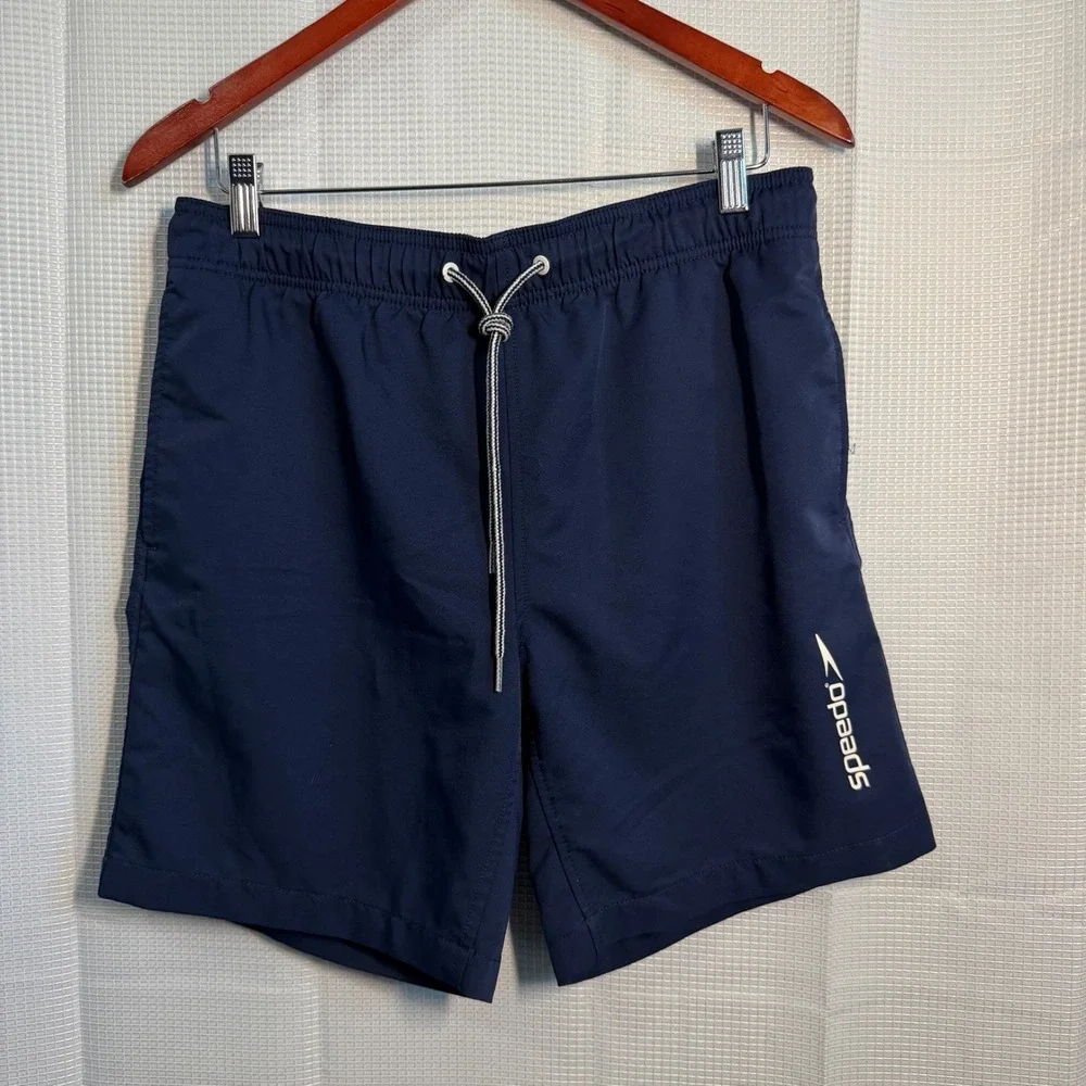 Speedo Swim Trunks Small Navy Blue Elastic Drawstring Waist‎ Mens